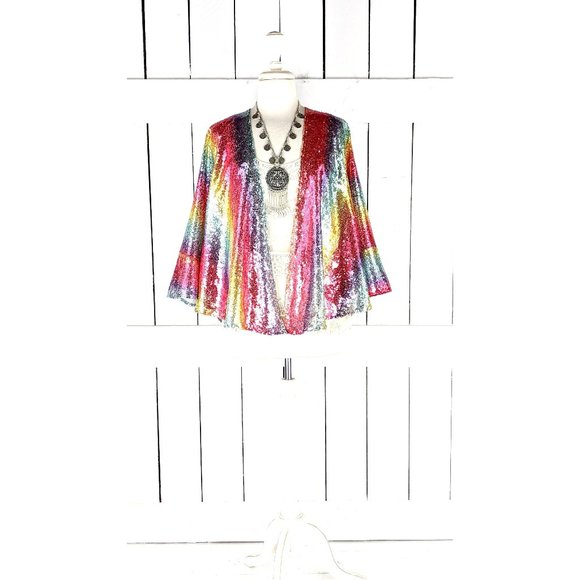 Cropped rainbow striped colorful sequins kimono cover up jacket - Picture 1 of 7